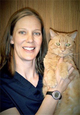 Veterinarian Dr Christine Nelson holding an orange cat